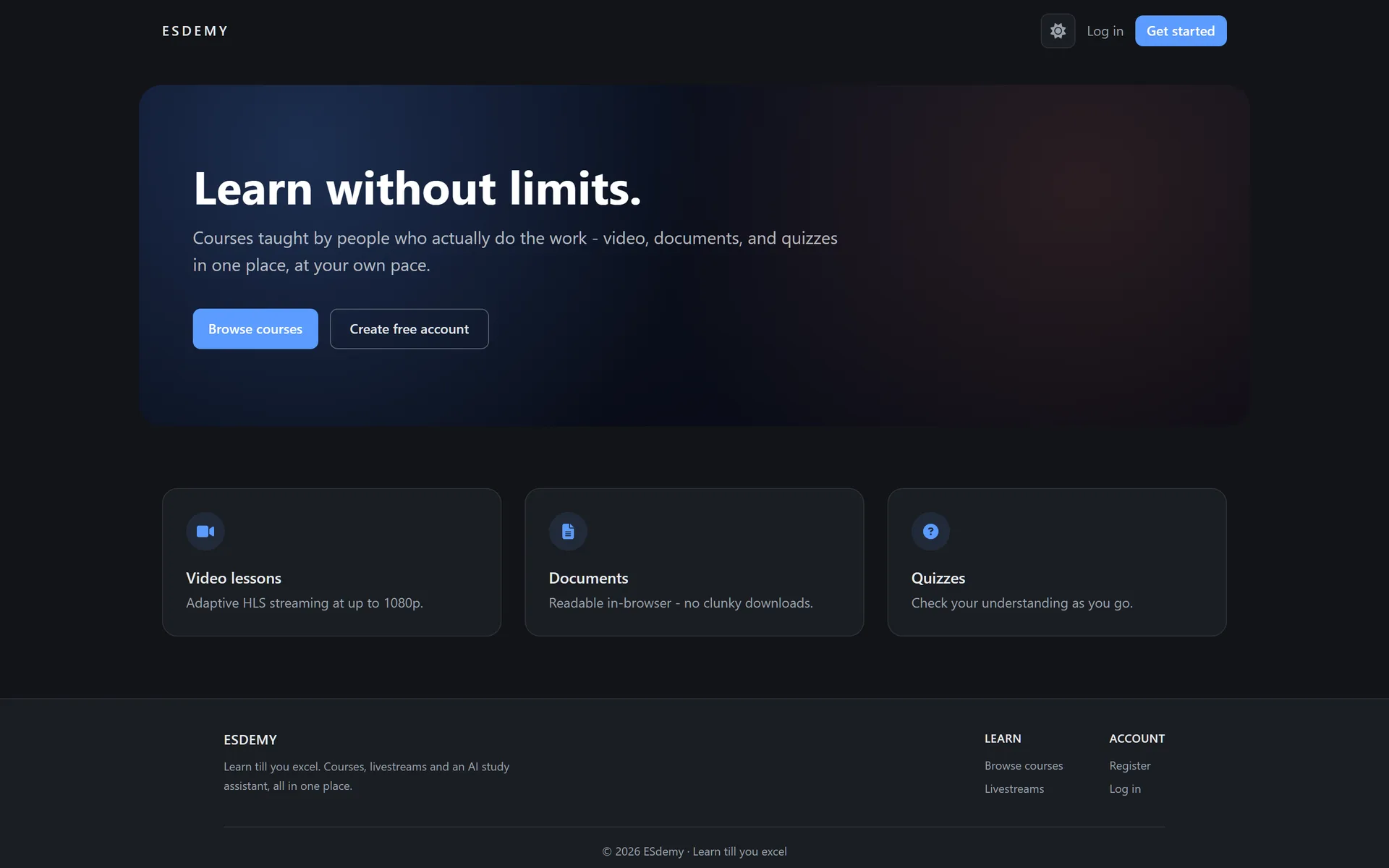 ESdemy landing page, dark theme, with a Learn without limits headline and three cards describing video lessons, documents, and quizzes