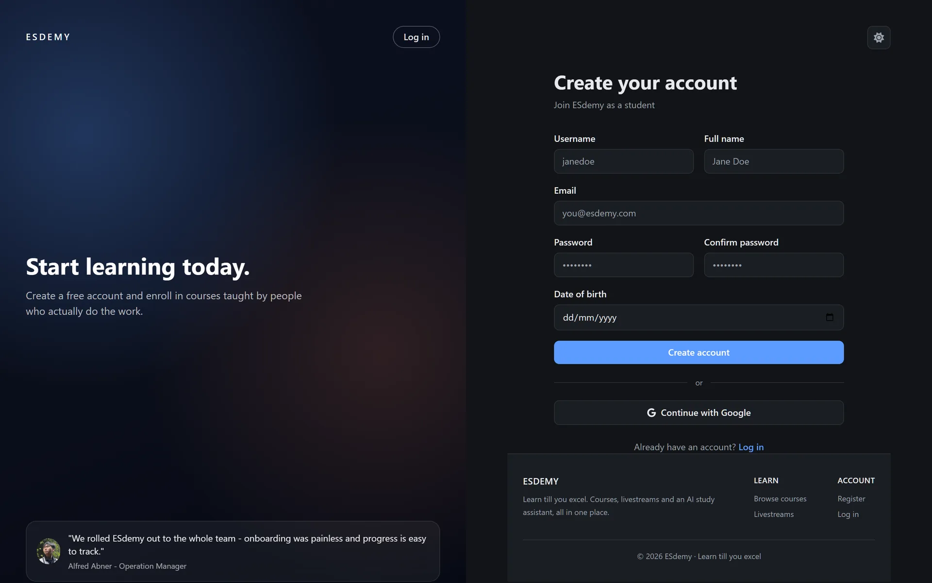 ESdemy account registration form