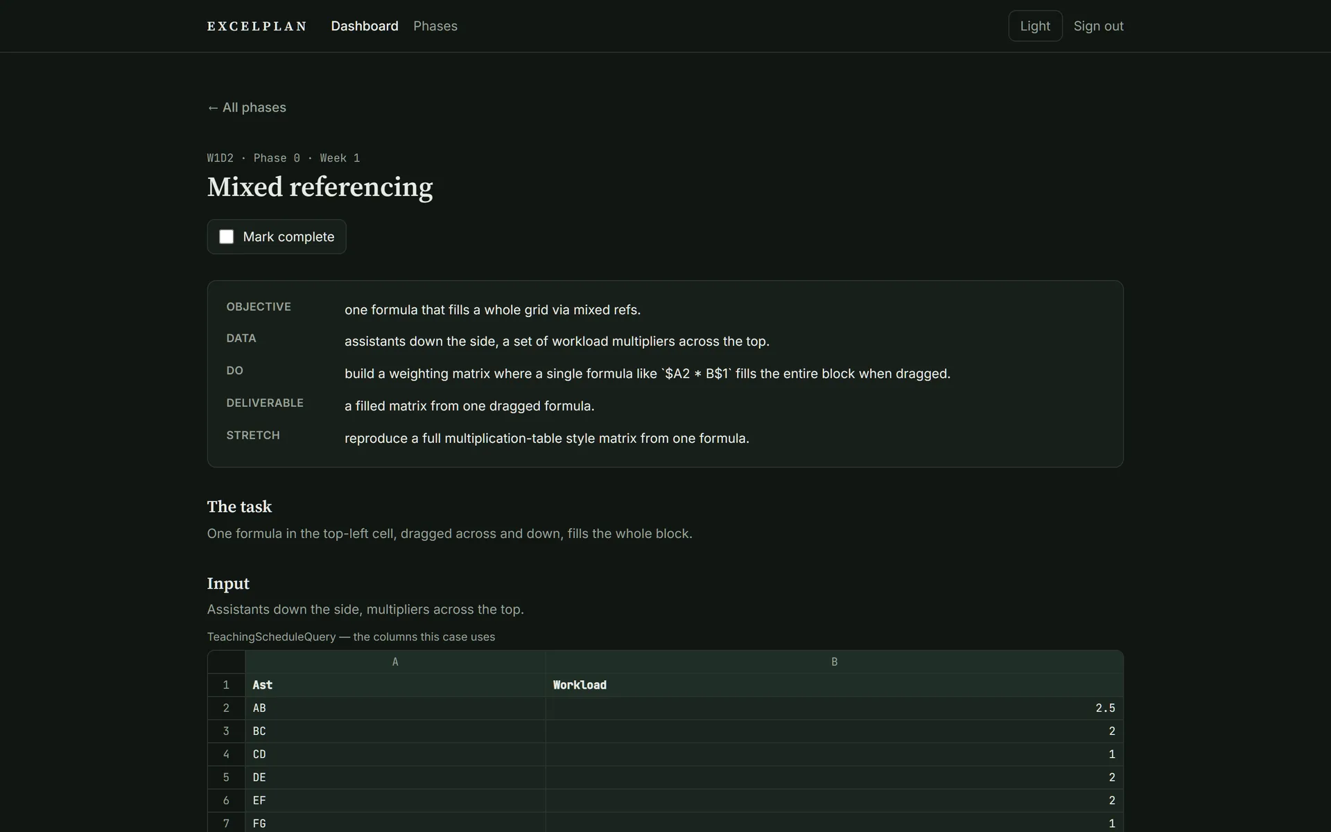 A case detail page for Mixed referencing, with objective, data, task and deliverable rows above a spreadsheet-style preview of the input table