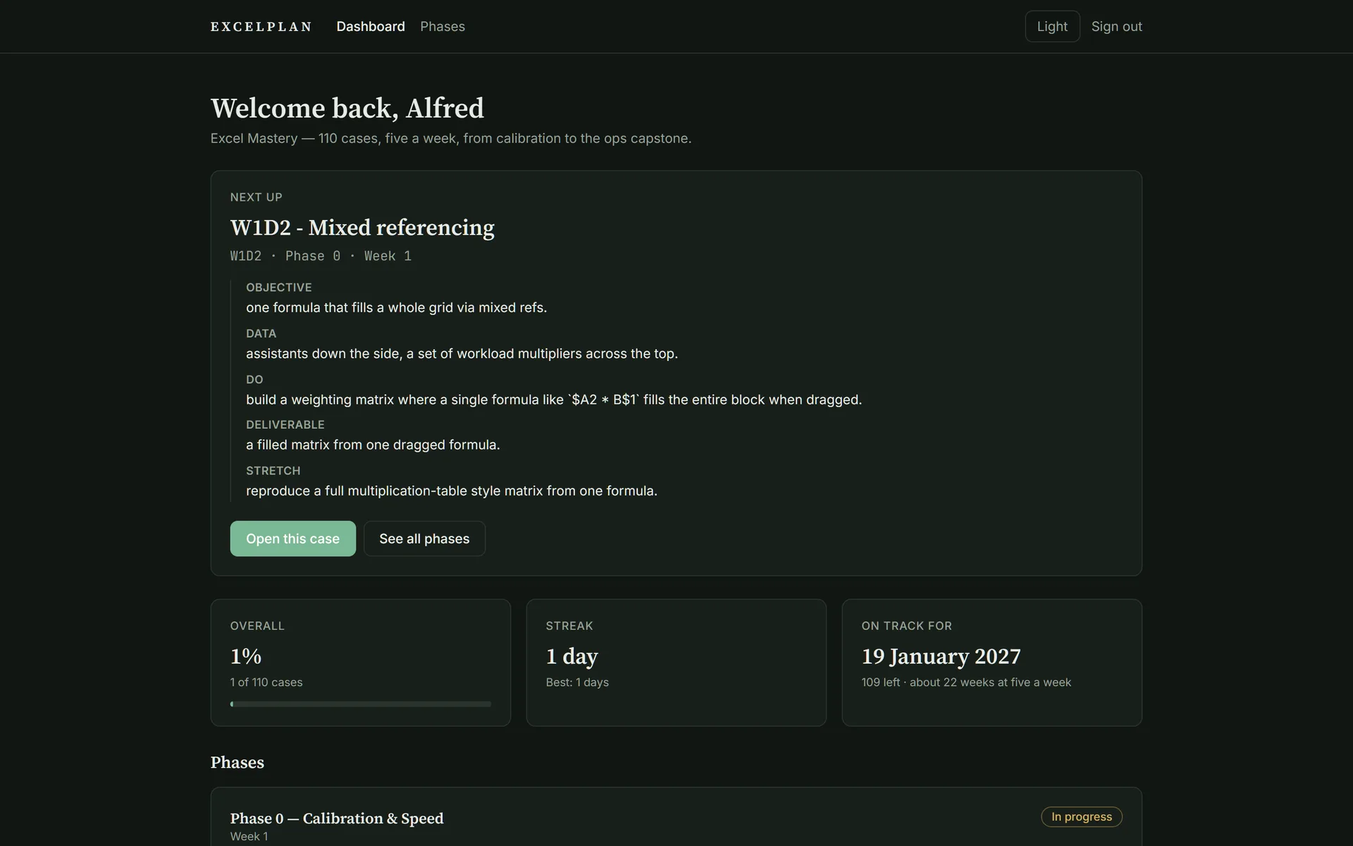 ExcelPlan dashboard showing the next case with its objective and deliverable, plus cards reading 1 percent overall, a 1 day streak, and a projected finish date