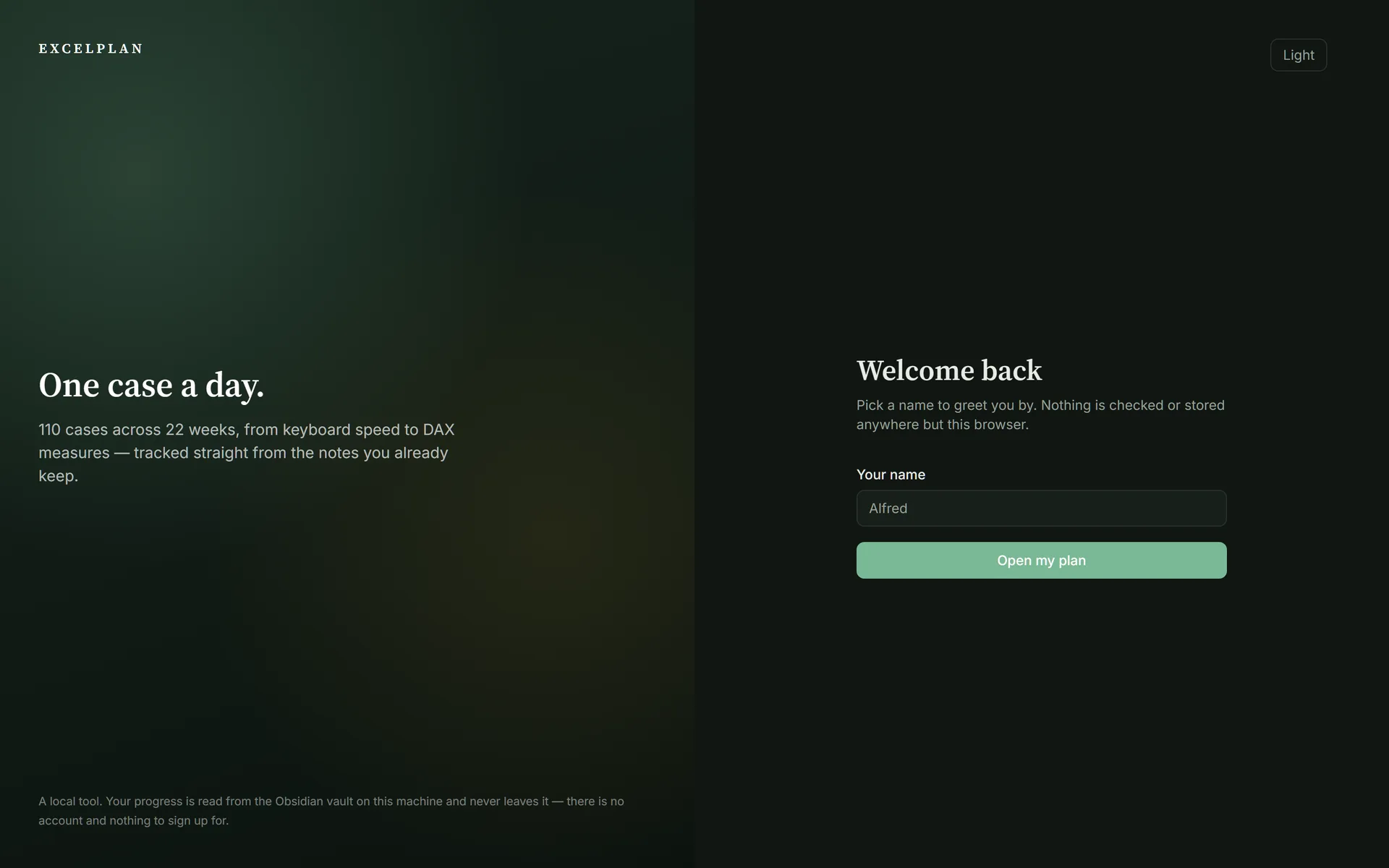 ExcelPlan sign-in split screen with the tagline One case a day beside a name field