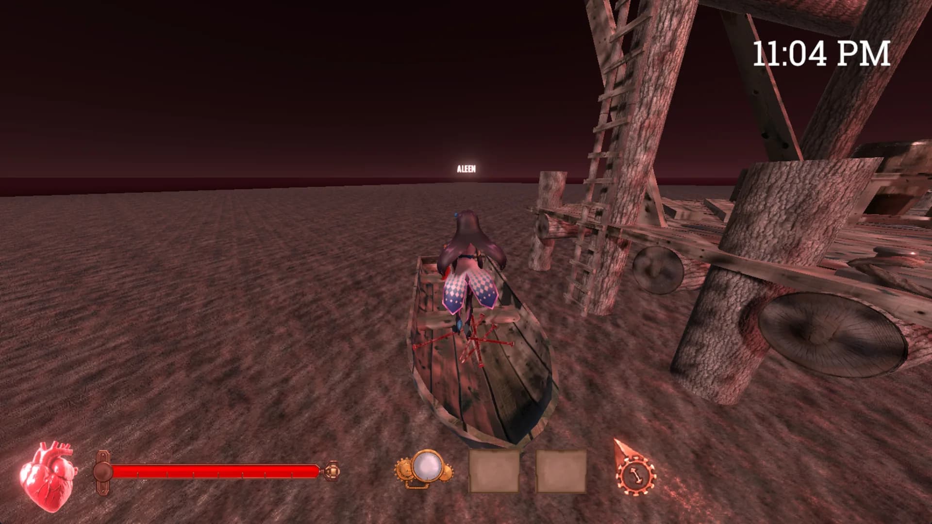 Third-person view of the exorcist standing in a wooden boat on the dark red seabed, with health, inventory slots and a compass along the bottom and an in-game clock reading 11:04 PM