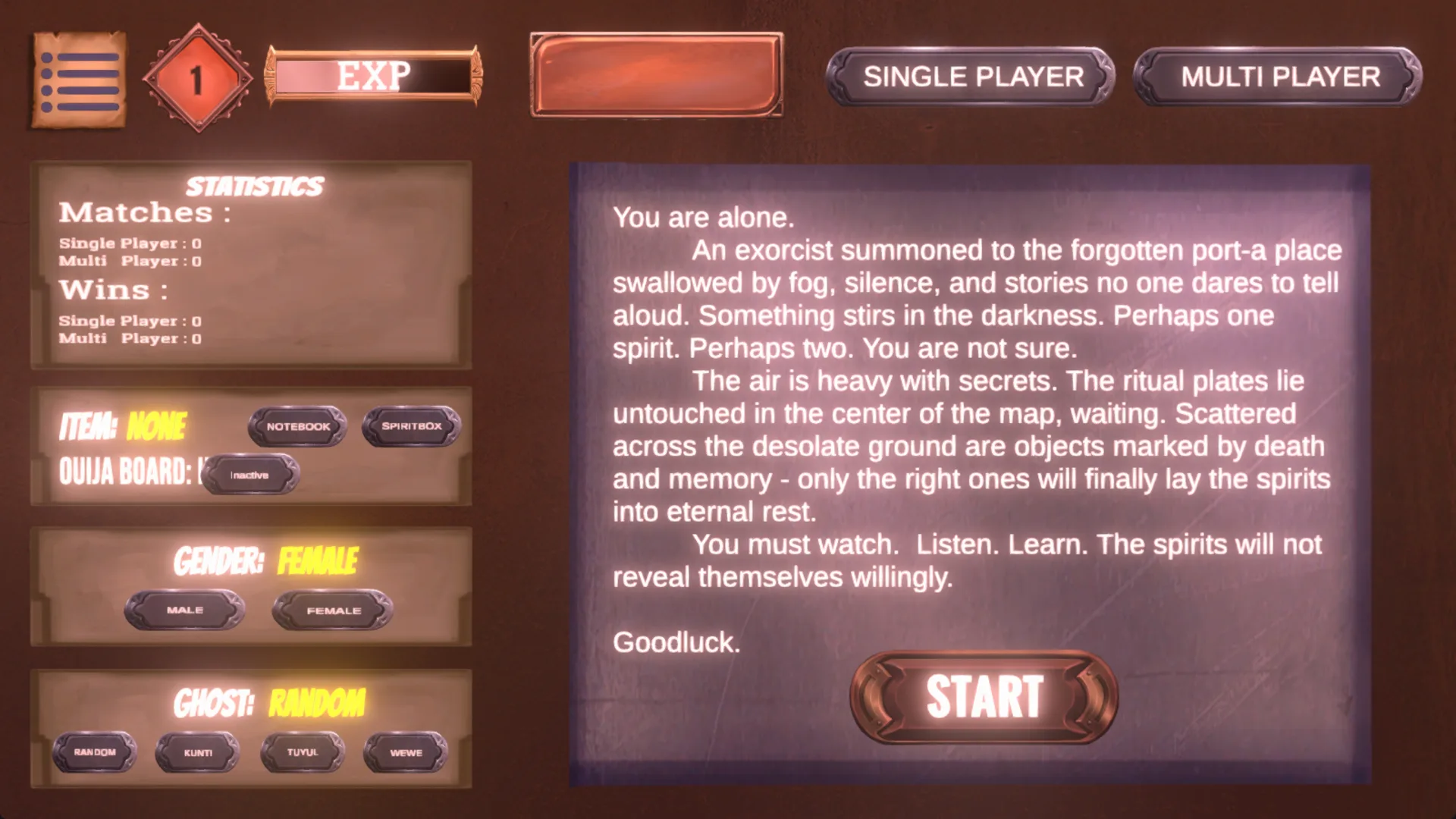 InVidious lobby showing an experience bar and level, match statistics, item pickers for notebook and spirit box, gender and ghost selection, and a briefing panel with a Start button
