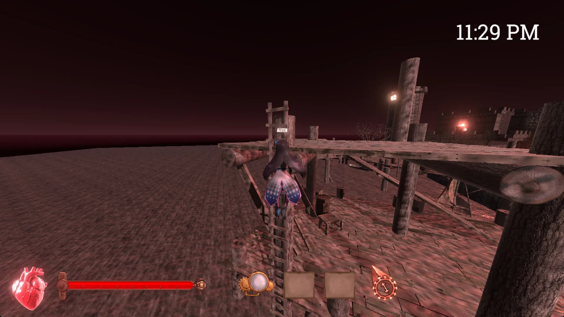 The exorcist climbing a ladder onto the port's wooden pier, with the fort's lit walls visible in the distance under a red sky