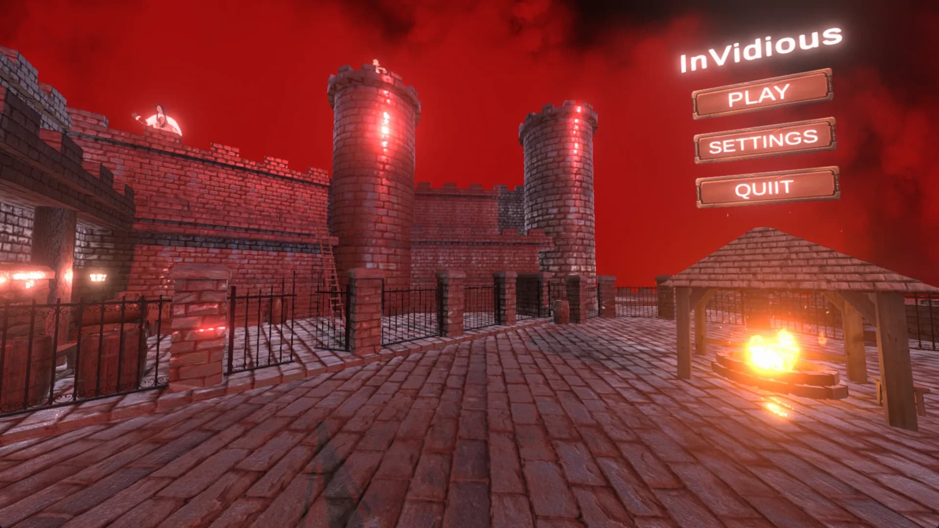 InVidious title screen: a brick fort under a deep red fogged sky, a lit campfire to the right, and the game name above Play, Settings and Quit buttons